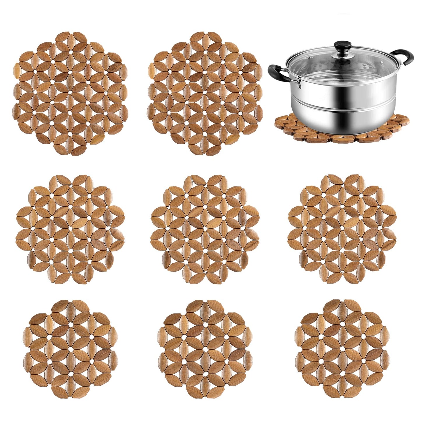 Dovesail 9 Pack Bamboo Trivet Mat for Hot Dishes, 6.5/8.3/10 Inch Heat Resistant Hot Pads Trivets, Hot Pad to Protect Your Table and Countertop, Hot Tea Pot Coaster for Coffee Pot
