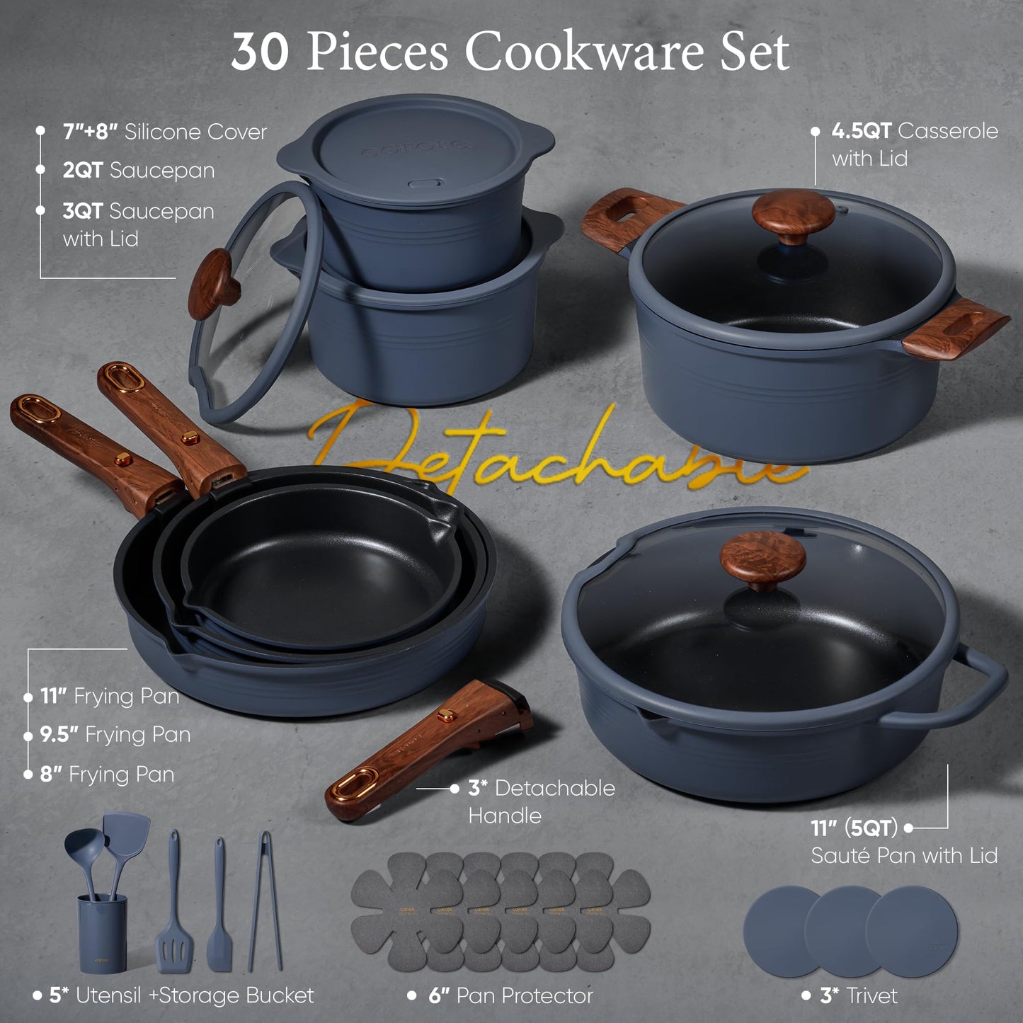 CAROTE 30-Piece Titanium Cookware Set, Nonstick Pots and Pans Set with Detachable Handle, RV Kitchen Cooking Set, Camping Use, Induction Compatible, Dishwasher & Oven Safe