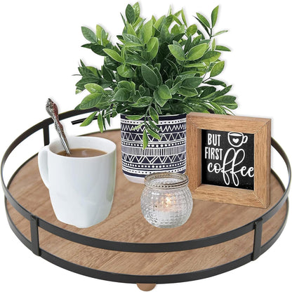 12in Defined Deco Decorative Tray-Round Serving Tray with Metal Handle-Decorative Trays for Home Decor,Living Room