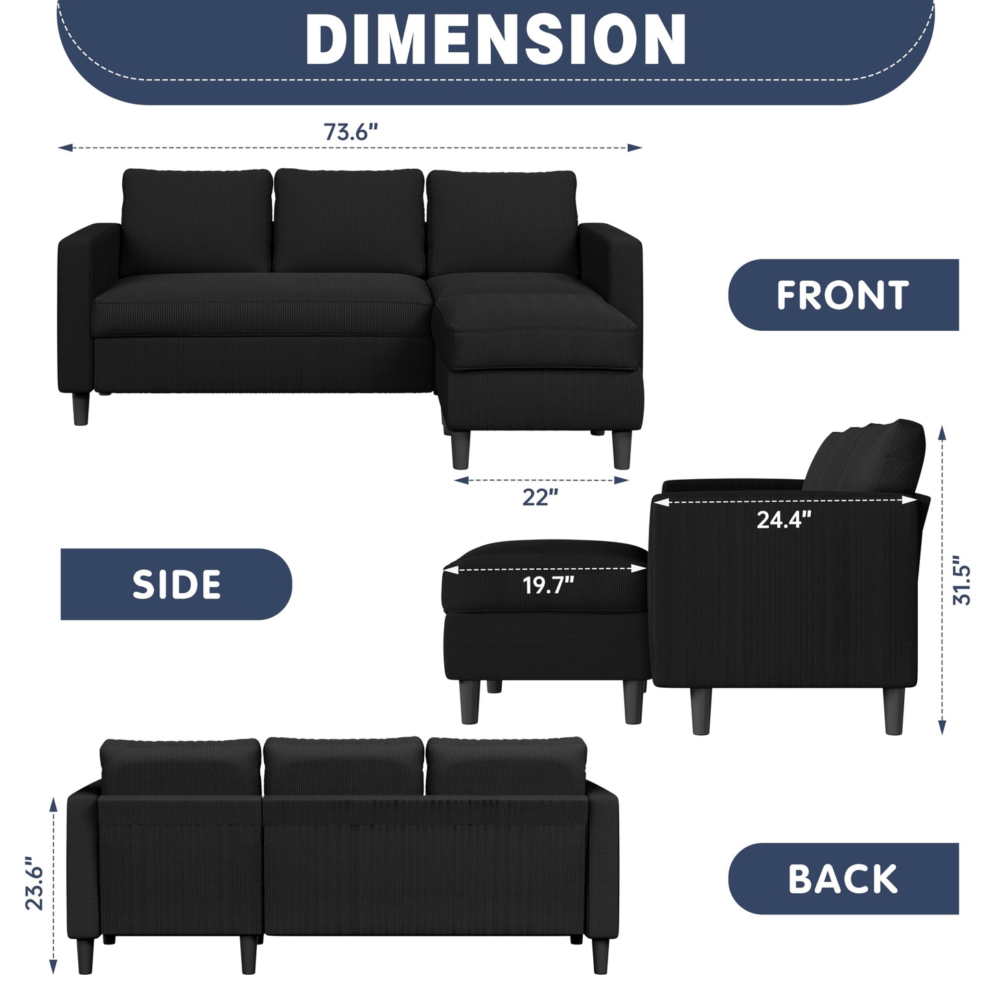 Shintenchi L Shaped Sectional Sofa Couch,Convertible Modular Sofas with Movable Ottoman,3-Seat Upholstered Corduroy Couch,Small Couches for Living Room,Apartment,Office(Black)