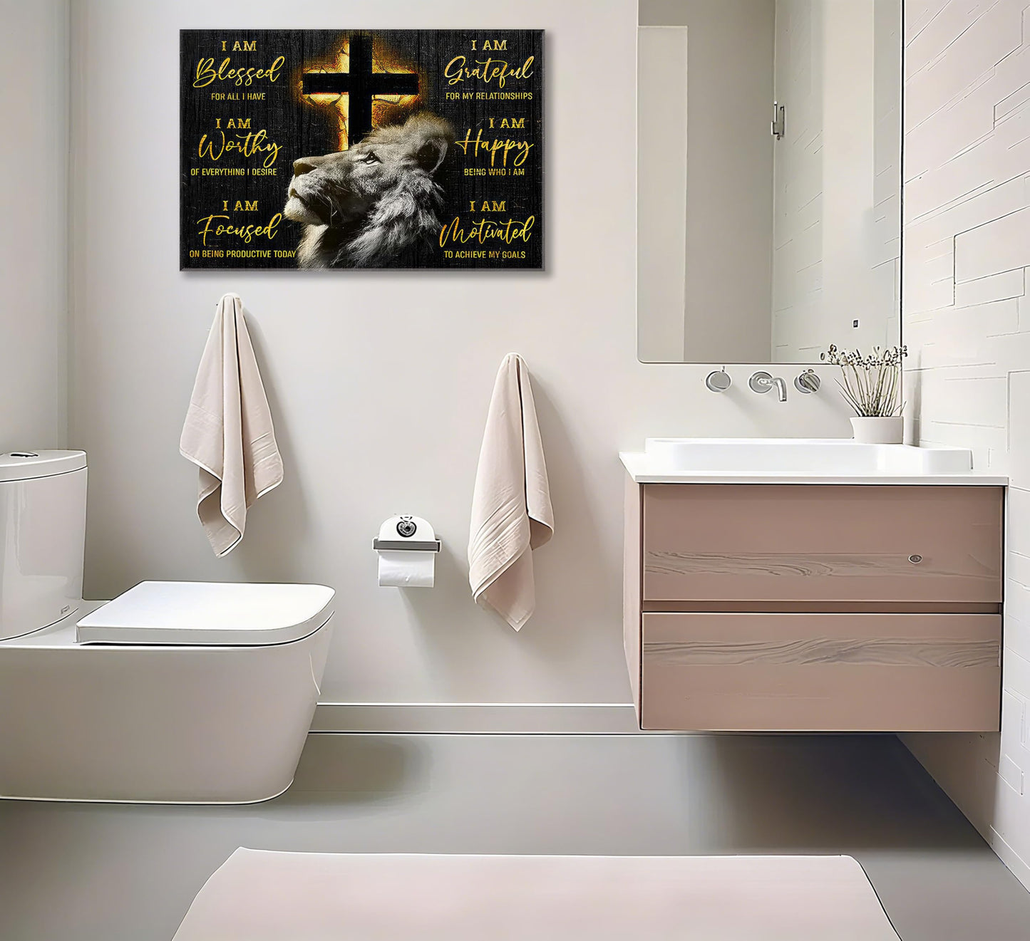 Motivational Lion Cross Canvas Wall Art Cross Christian Lion Wall Decor Pictures Painting Inspirational Affirmations Posters Prints Artwork for Living Office Home Decoration 12x16in