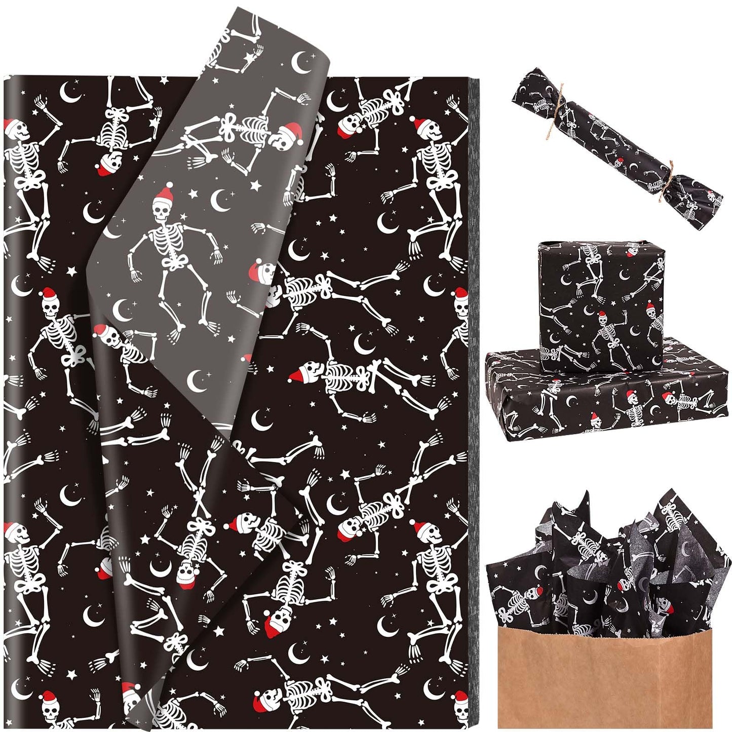 Bolsome 100 Sheets 20 * 14 Inches Christmas Tissue Paper for Gift Bags Black Dancing Skeleton with Santa Hat Printed Tissue Paper Spooky Decorative Tissue for Xmas Party Winter Holidays DIY Crafts