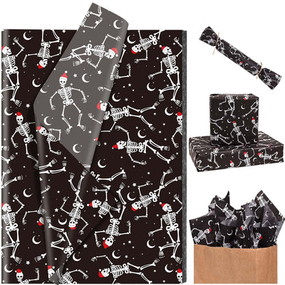 Bolsome 100 Sheets 20 * 14 Inches Christmas Tissue Paper for Gift Bags Black Dancing Skeleton with Santa Hat Printed Tissue Paper Spooky Decorative Tissue for Xmas Party Winter Holidays DIY Crafts