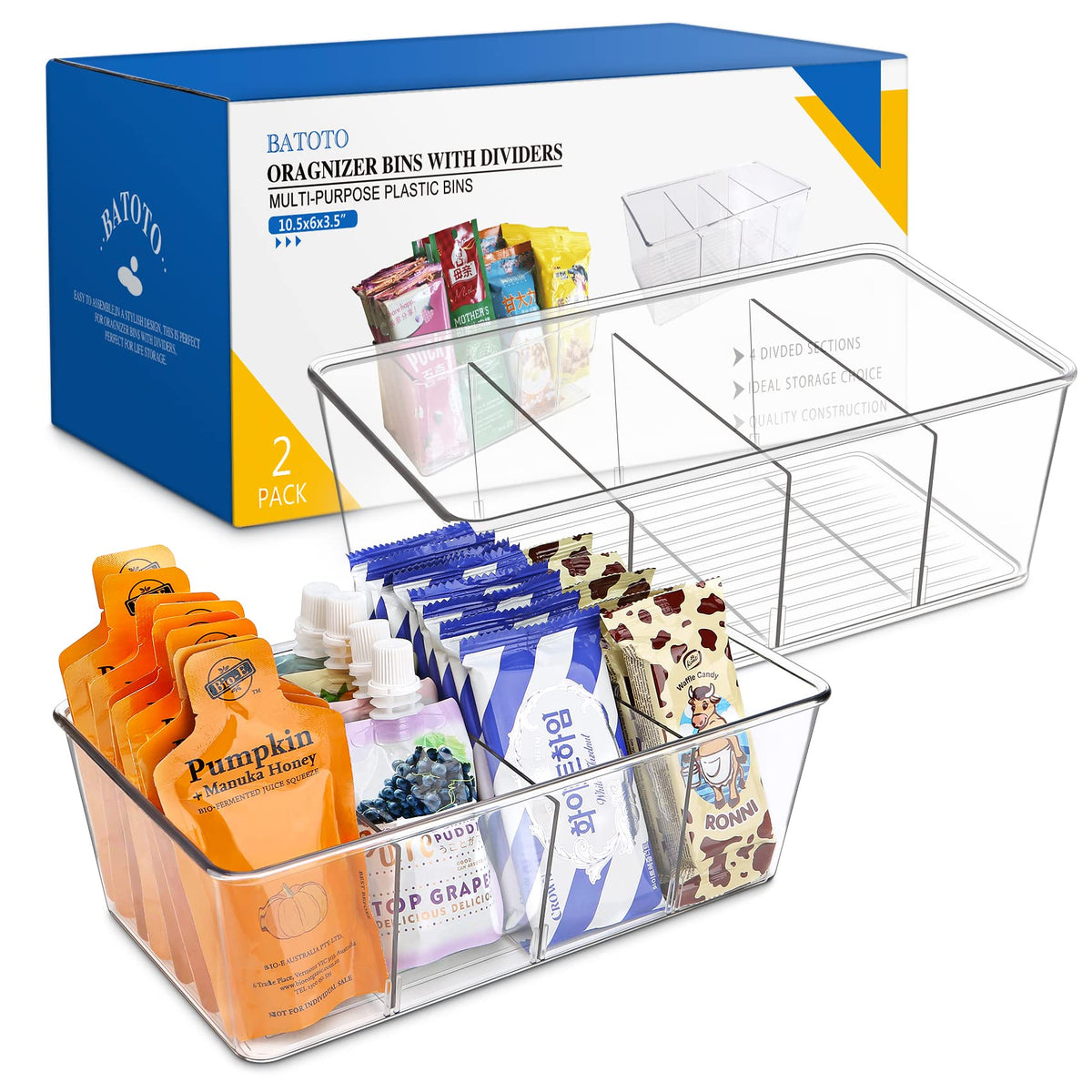 Batoto Pantry Organization and Storage Bins, Refrigerator Organizer Bins – Clear, Kitchen Organization and Storage with Dividers (2 Pack)