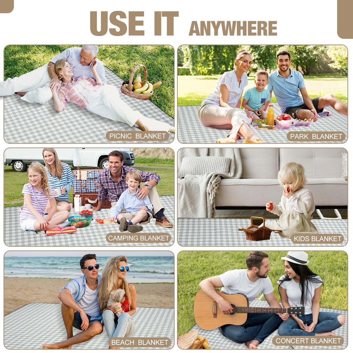 Picnic Blankets Outdoor Extra Large - 80"x80" Portable Waterproof Picnic Blanket, Machine Washable 3-Layer Foldable Park Mat with Sandproof Backing for Grass, Hiking, Travel, Concerts, Indoor (Green)