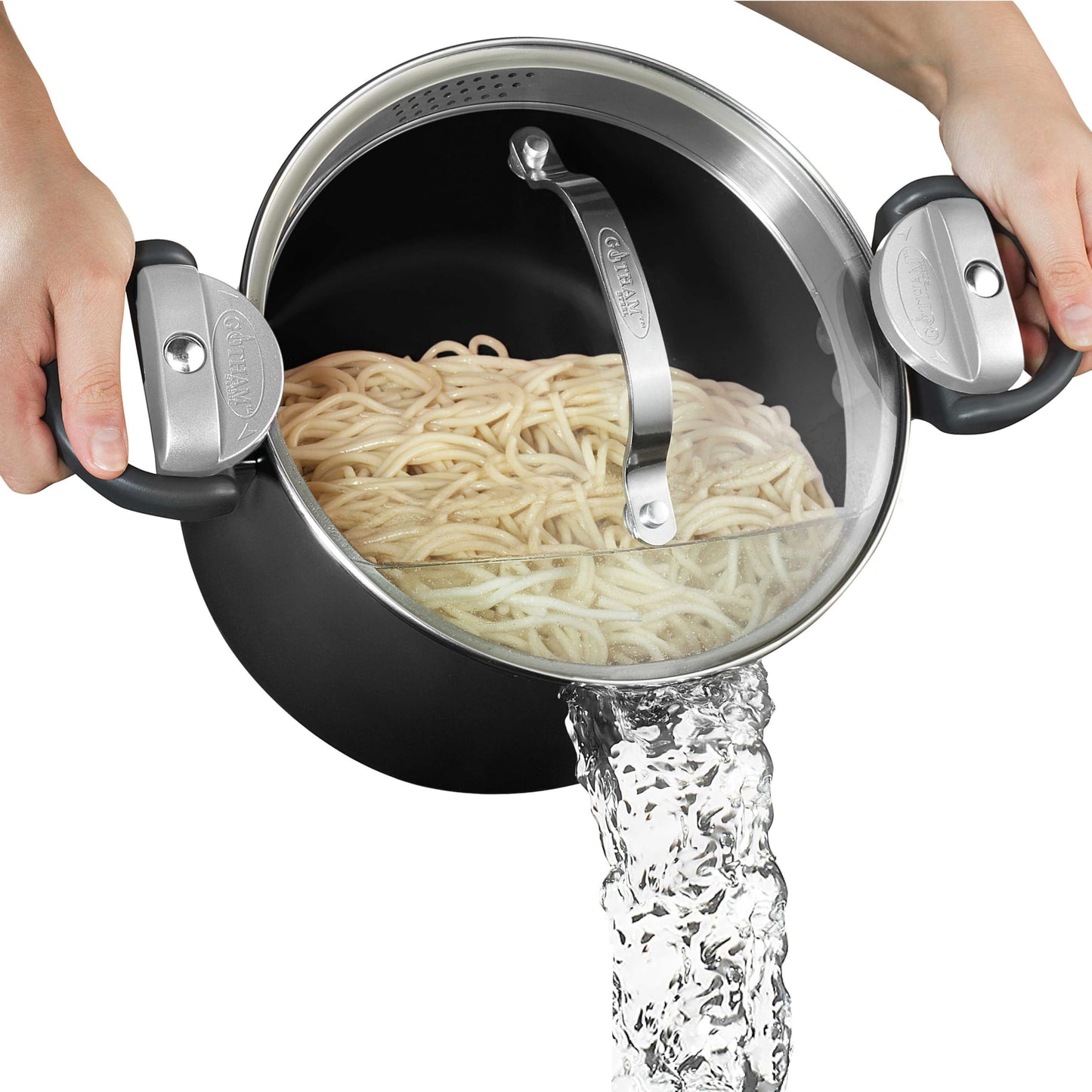 GOTHAM STEEL 5 Qt Nonstick Pasta Pot with Strainer Lid & Twist and Lock Handles, Ceramic Stock Pot with Tempered Glass Lid, Metal Utensil Safe, for Spaghetti Soup & Noodles, Dishwasher Safe, Black