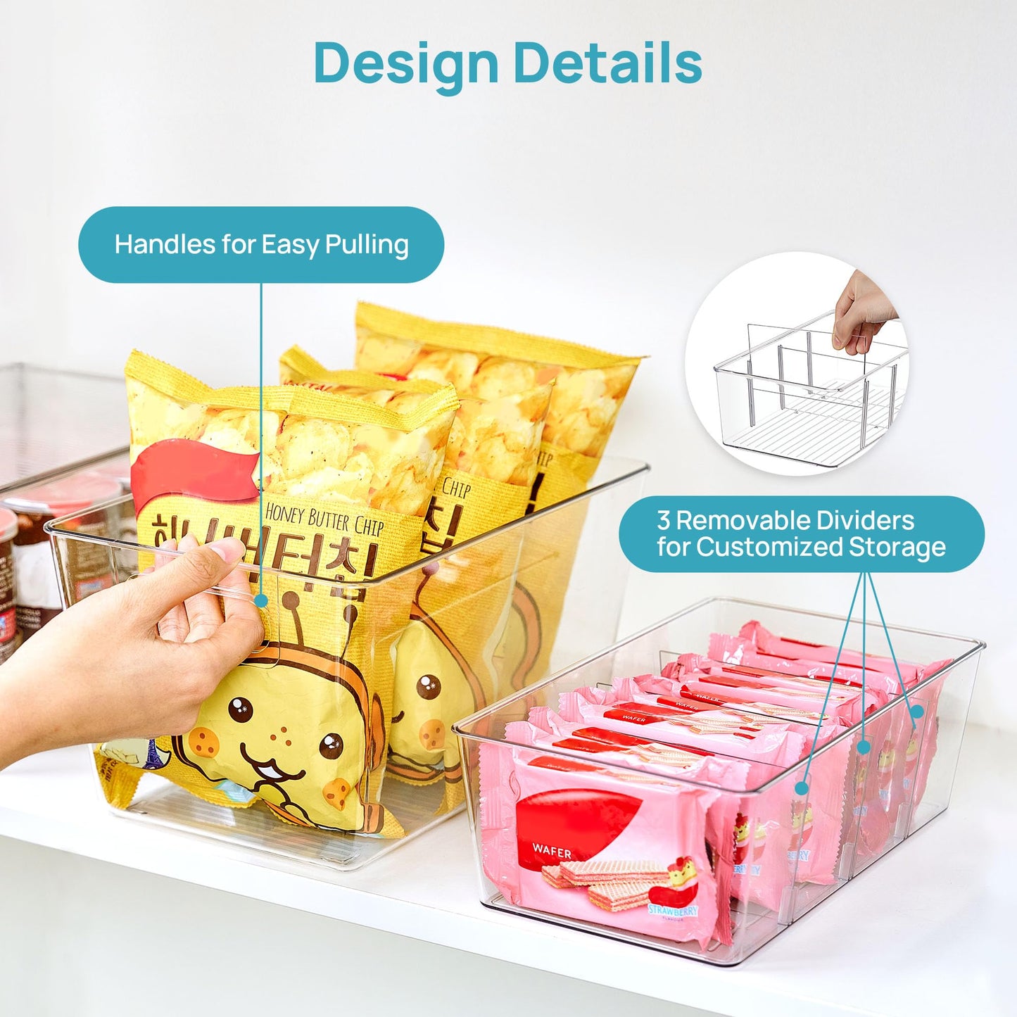 Vtopmart 8 Pack Clear Plastic Storage Bins Set, 4 Large Pantry Organizer Bins with Handle and 4 Medium Snack Organizer Bins with 4-Compartment for Pantry, Kitchen, Fridge, Cabinet Organization