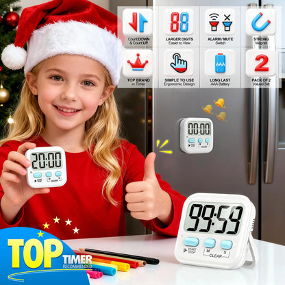 Antonki 2 Pack Digital Timer for Kids, Magnetic Countdown Kitchen Timers for Cooking, Egg, Classroom, Teacher, Exercise, Study, Oven - Battery Included