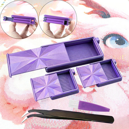 Diamond Art Trays with Lids and Stoppers, Stackable Diamond Painting Trays, 3 in 1 Diamond Bedazzling Tray with Tweezers, Brushes, Diamond Art Painting Bead Rhinestone Sorting Trays (Black Purple)