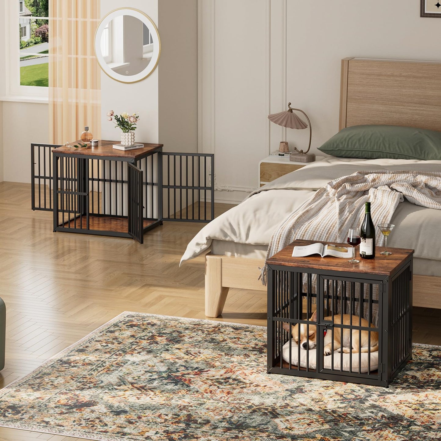 Lyromix 54'' Dog Crate Furniture with Double Rooms,Wooden Crate End Table Heavy Duty Indoor Puppy Cage for 2 Small Dogs, Multiple Units Can be Combined, Rustic Brown