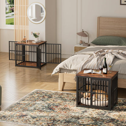 Lyromix 54'' Dog Crate Furniture with Double Rooms,Wooden Crate End Table Heavy Duty Indoor Puppy Cage for 2 Small Dogs, Multiple Units Can be Combined, Rustic Brown