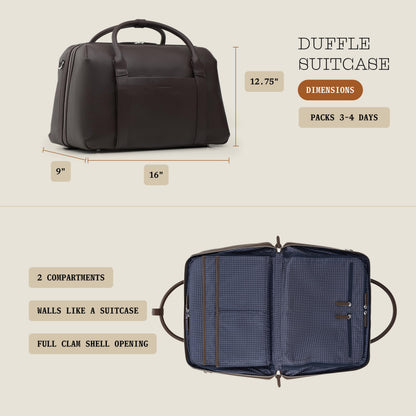 Wool & Oak Duffle Suitcase – Full-Grain Leather Travel Bag with Clamshell Opening, 33 L Capacity, Trolley Sleeve & 16″ Laptop Pocket – “DS Carry” Personal-Item Size - Pebble Leather - Chocolate