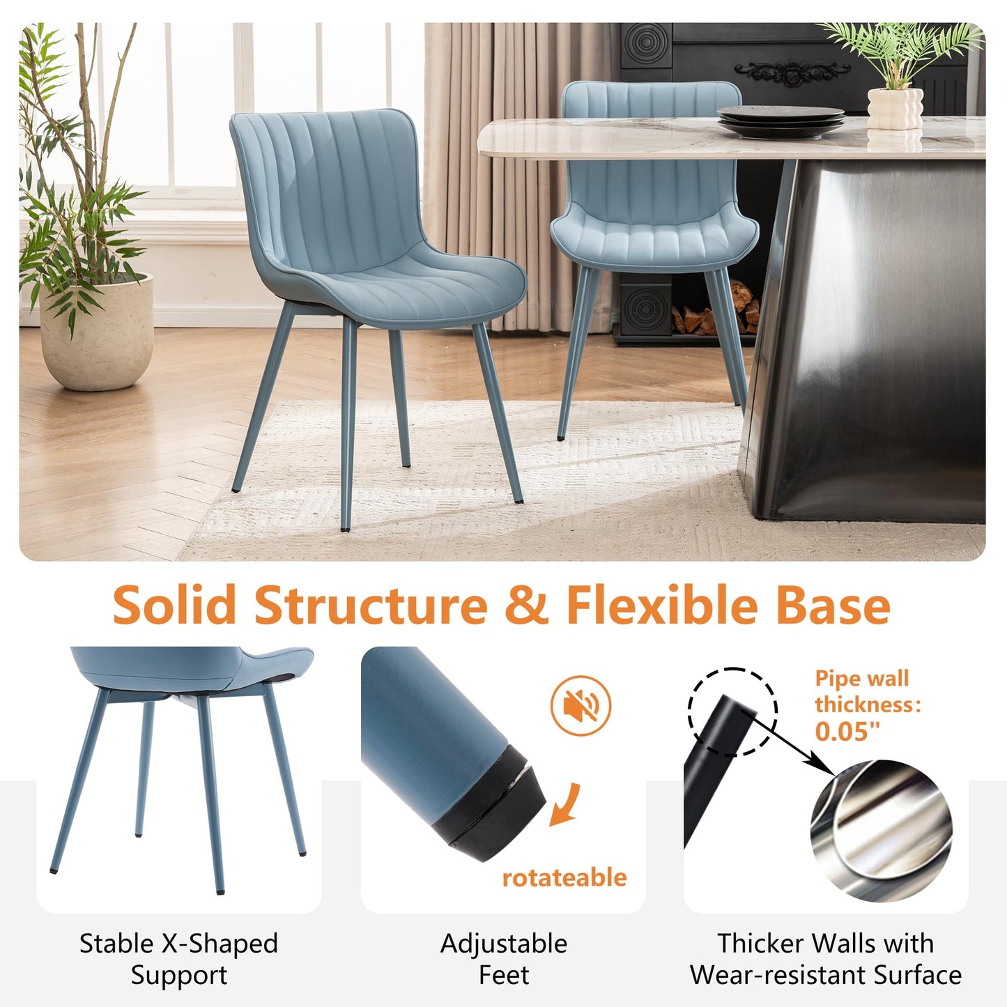 YOUNUOKE Mid-Century Modern Dining Chairs Set of 2, Blue PU Leather Upholstered Kitchen Chairs with Blue Metal Legs, Armless Accent Chair for Dining Room, Guest Reception Room