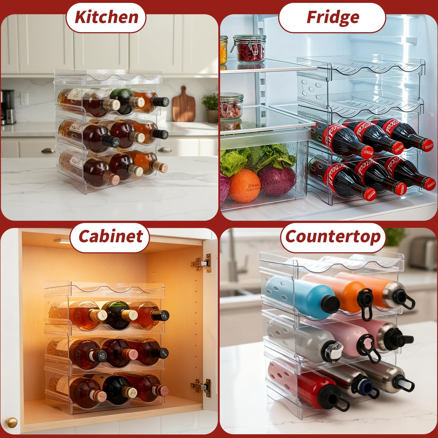 EZ COZY Wine Rack, 4 Tier Water Bottle Organizer for Cabinet, Stackable Clear Wine Holder for Pantry, Refrigerator, Countertop Organization (12 Bottles)
