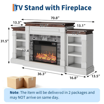 GarveeLife 71 Inch Electric Fireplace with Mantel, Fireplace TV Stand for TVs Up to 80 Inch, Modern Entertainment Center with Storage, Stacked Stone Surround with Remote Control 3D Flame, White