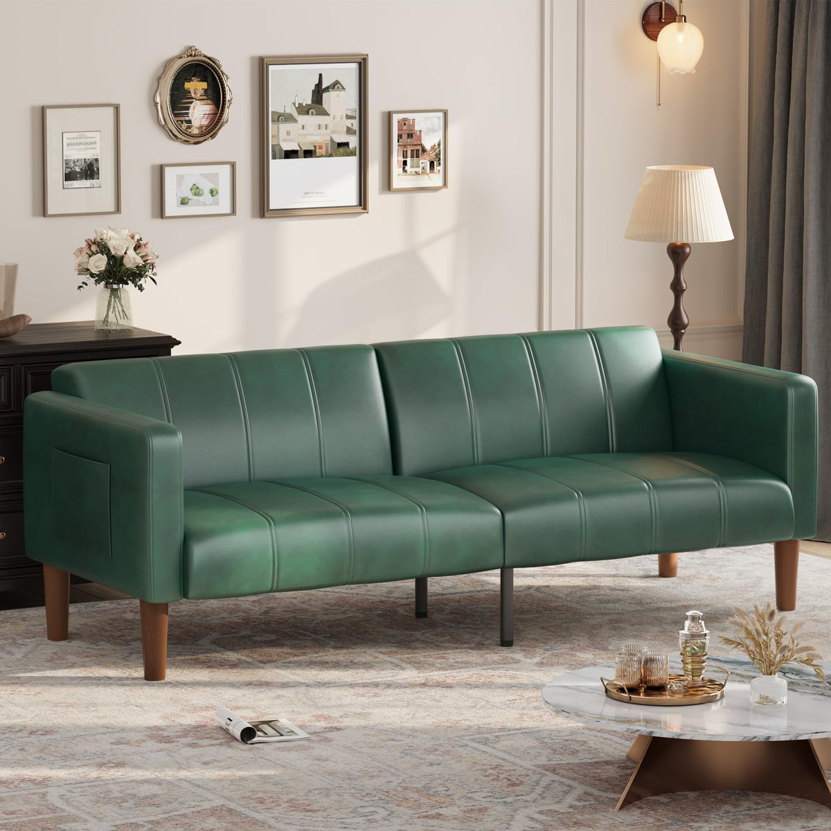GarveeHome Futon Sofa Bed, 75-Inch Modern Faux Leather Convertible Couch, Mid-Century Loveseat for Small Space, Living Room, Bedroom, Green