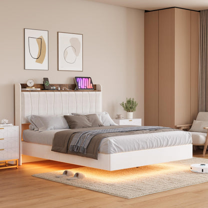 Garvee King Size Floating Bed Frame with LED Lights and Storage Headboard, King Upholstered Metal Platform Bed with Charging Station, Linen Fabric, No Box Spring Needed, Easy Assembly, White