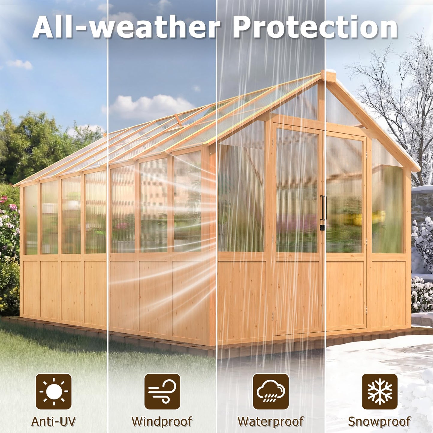 EROMMY 8x12 FT Wooden Greenhouse for Outdoors, Large Walk-in Greenhouse Kit with 4mm Polycarbonate Panels, Adjustable Roof Vent, Lockable Door, Outdoor Greenhouse for Backyard Garden