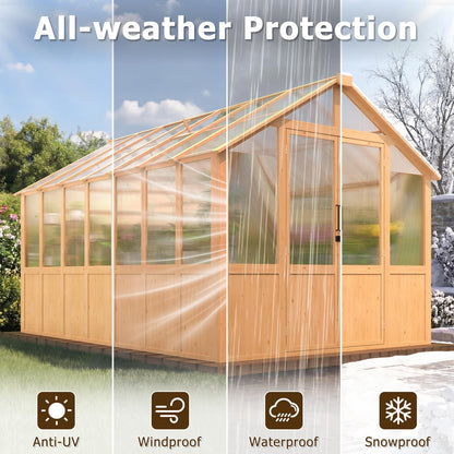 EROMMY 8x12 FT Wooden Greenhouse for Outdoors, Large Walk-in Greenhouse Kit with 4mm Polycarbonate Panels, Adjustable Roof Vent, Lockable Door, Outdoor Greenhouse for Backyard Garden