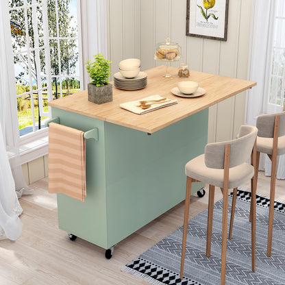 HLR Kitchen Island with Storage, Sage Green Rolling Kitchen Cart on Wheels with Drop-Leaf Bar Countertop, Islands Prep Table with Side Open Spice Rack and Tower Rack, Extra Storage for Kitchen