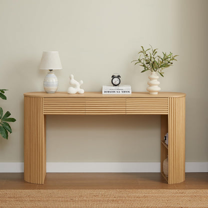 Christopher Knight Home Sara MDF Console Table With Storage, Narrow Entryway Table With 3 Drawers & Table-Leg Niche, Retro Couch Table, Round Slat Aesthetic Sofa Table For Living Room Hallway, Natural