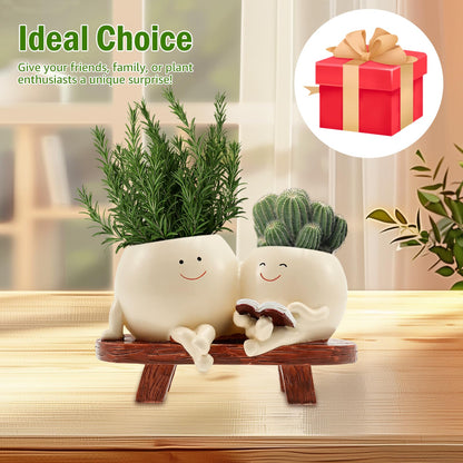 Smily Face Plant Pot, Cute Resin Double Head Planter with Drainage Hole, Novelty Design Chair Succuent Flower Pot, Modern Lady Head Vase Girl Face Planter, Desk Decor Planter for Home or Garden Décor
