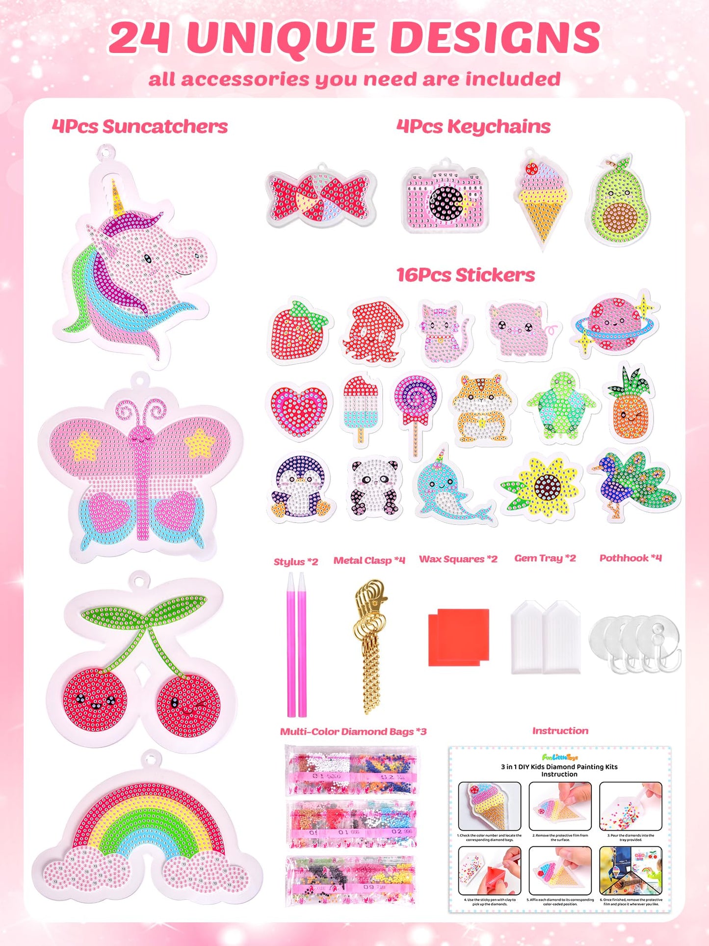 FUN LITTLE TOYS 24Pcs Diamond Art Kits, Diamond Painting Kits, Arts and Crafts for Kids Ages 6-12, Gem Art As Gifts Ideas for Girls and Boys, Small Diamond Painting Stickers, Kids Craft Age 6+
