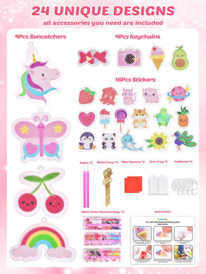 FUN LITTLE TOYS 24Pcs Diamond Art Kits, Diamond Painting Kits, Arts and Crafts for Kids Ages 6-12, Gem Art As Gifts Ideas for Girls and Boys, Small Diamond Painting Stickers, Kids Craft Age 6+