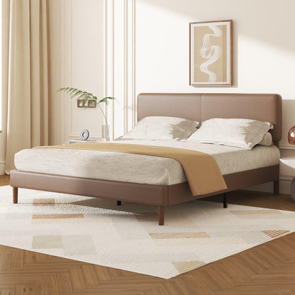 Mxhtcewz King Bed Frame with Adjustable Headboard, Faux Leather Upholstered Platform Bed Frame, No Box Spring Needed, Noise-Free, Easy Assembly, Brown