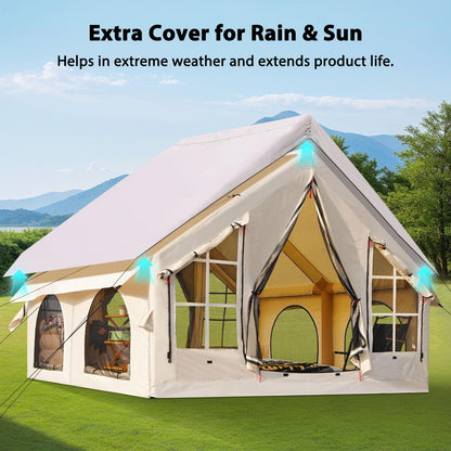 KNUO 2026 Upgraded Waterproof Inflatable Camping Tent for 5-8 People, Large Blow-Up Air Tent, No Assembly Needed Luxury Glamping House, 10x10ft Oxford Fabric, Beige