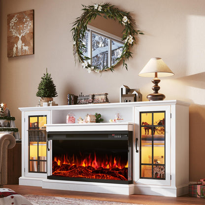OneBlis 70 Inch Fireplace TV Stand for TVs up to 80", Rustic Media Entertainment Center Console Table with Glass Door Closed Storage, 3-Sided Glass Fireplace, White