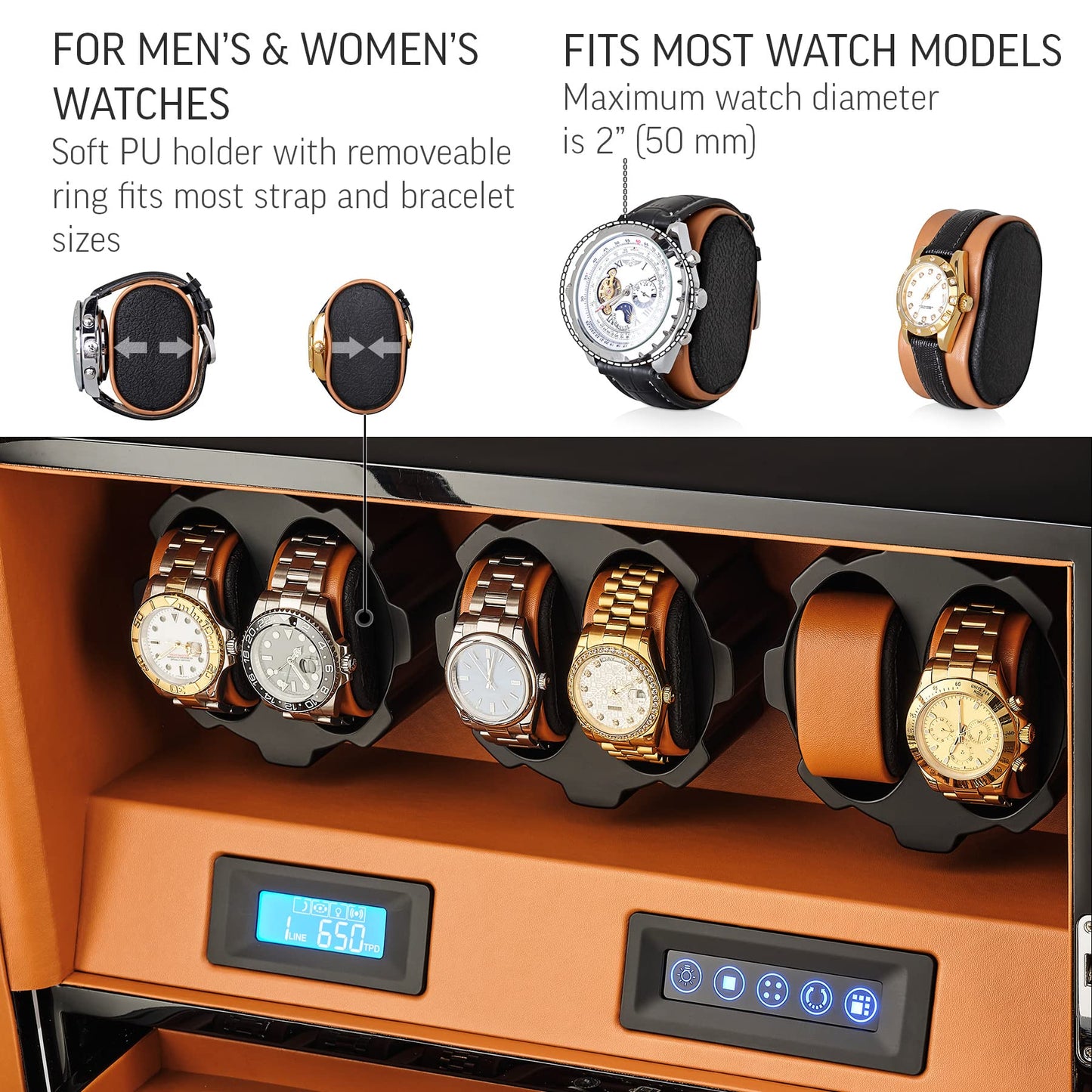 Automatic Watch Winder with 6 Storage Slots, LED Light and Automatic Motor-Stop Option