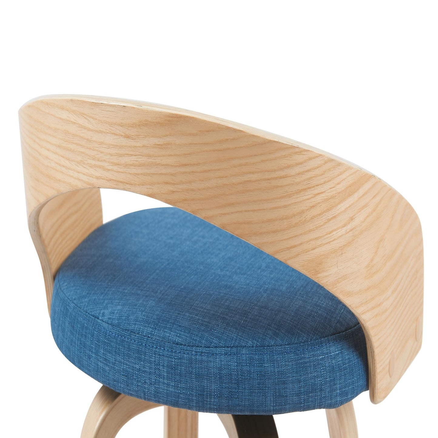 Sonia Modern Swivel Counter Height Bar Stool with Blue Upholstered Seat and Patterned Oak Wood Finish Set of 3