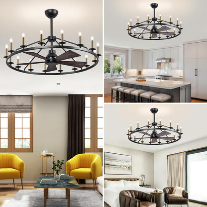 44" Wagon Wheel Chandelier with Fans, Black and Gold Wagon Wheel Ceiling Fan with 16-Light and Remote, Farmhouse Chandelier for Living Room, Adjustable Height, 6-Speed Reversible Quiet Large Fandelier