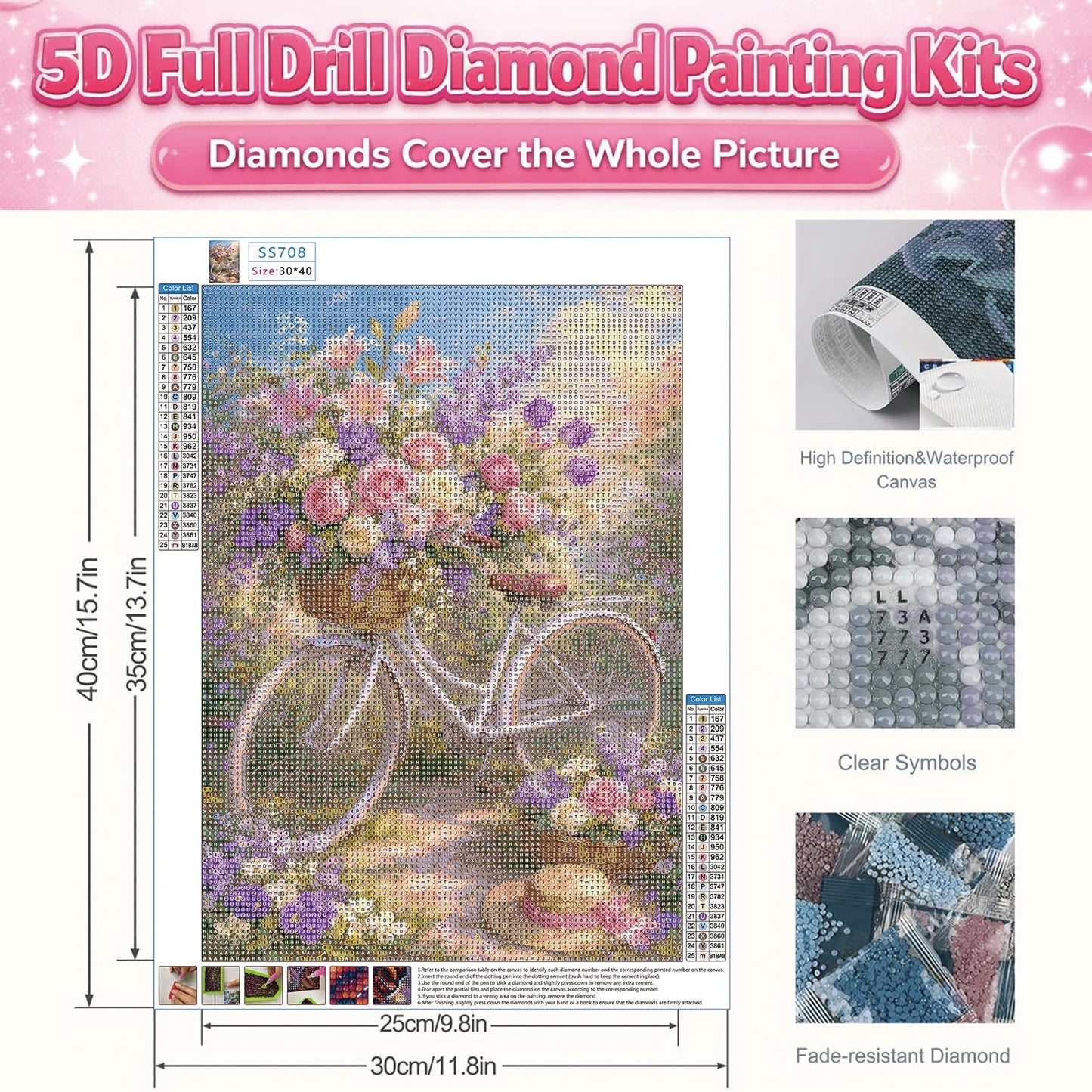 IOHEFY Flower Bicycle Diamond Painting 12 x 16 Inch Full Drill Acrylic Diamond Art Floral Garden Bike Basket Crystal Rhinestone Spring Flower Nano Pearlescent Canvas
