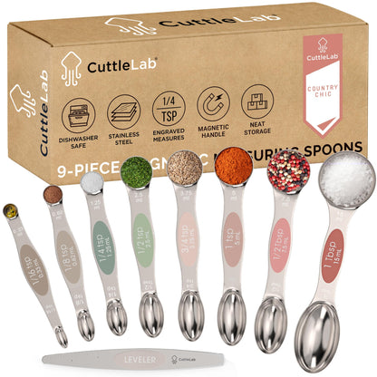 CuttleLab Magnetic Measuring Spoons Set - Stainless Steel, Double Ended, Stackable & Nested Design for Dry and Liquid Ingredients, Ideal for Spice Jars, 9-Piece Set with Leveler (Country Chic)