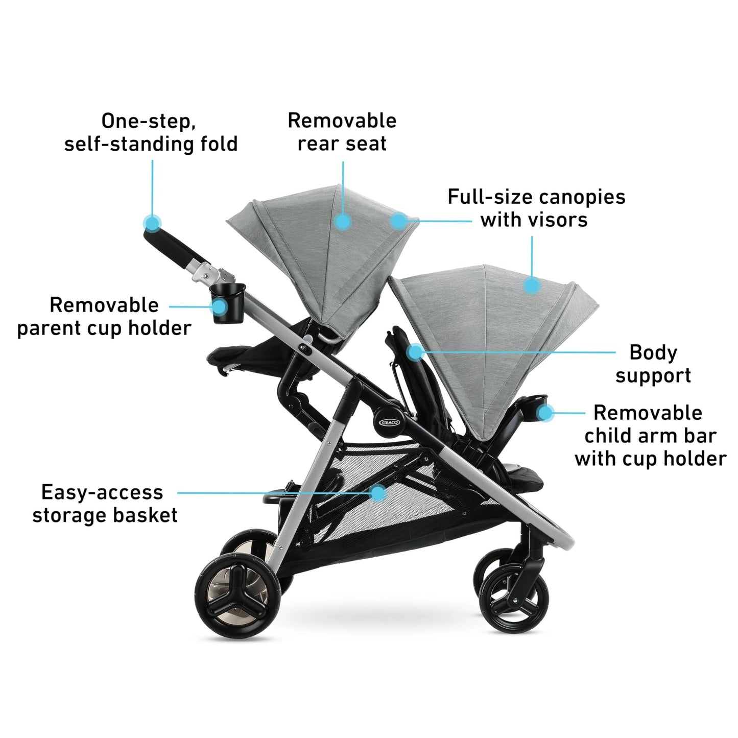 Graco Ready2Grow LX 2.0 Double Stroller, Twin Baby Stroller Features Bench Seat and Standing Platform Options, Compact Fold Perfect for Baby Travel, Clark
