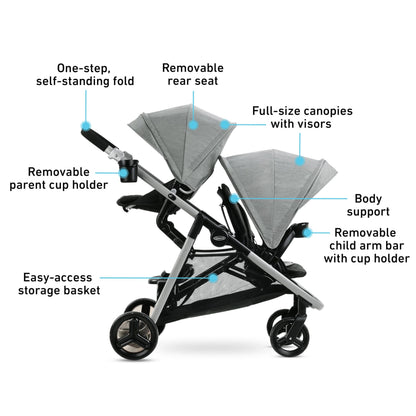 Graco Ready2Grow LX 2.0 Double Stroller, Twin Baby Stroller Features Bench Seat and Standing Platform Options, Compact Fold Perfect for Baby Travel, Clark