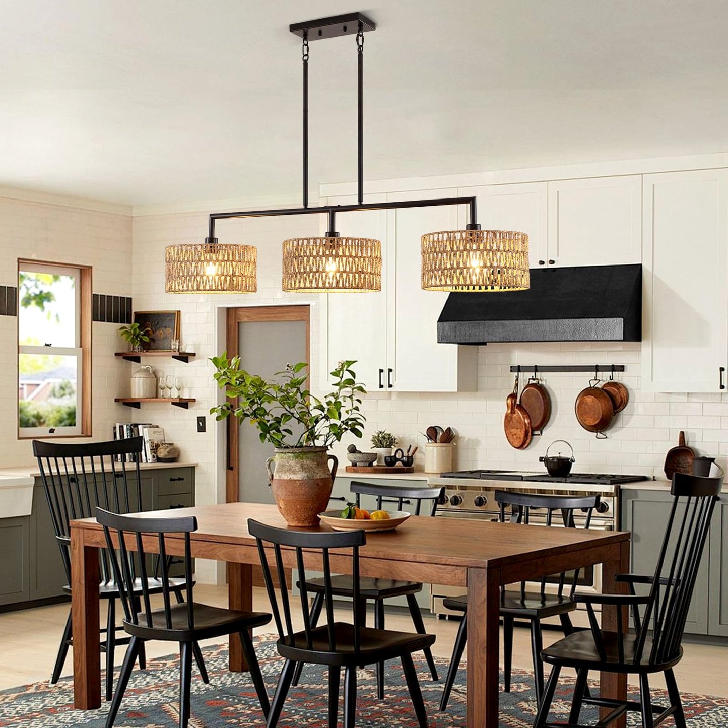 MRHYSWD 47" Hand Woven Rattan Chandeliers for Dining Room, 3-light Boho Linear Chandeliers Large Farmhouse Kitchen Island Lighting, Black Finish Pendant Light Fixtures Over Table, Bar, Living Room,E26