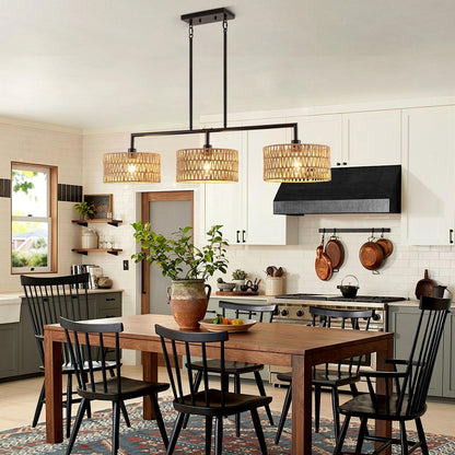 MRHYSWD 47" Hand Woven Rattan Chandeliers for Dining Room, 3-light Boho Linear Chandeliers Large Farmhouse Kitchen Island Lighting, Black Finish Pendant Light Fixtures Over Table, Bar, Living Room,E26