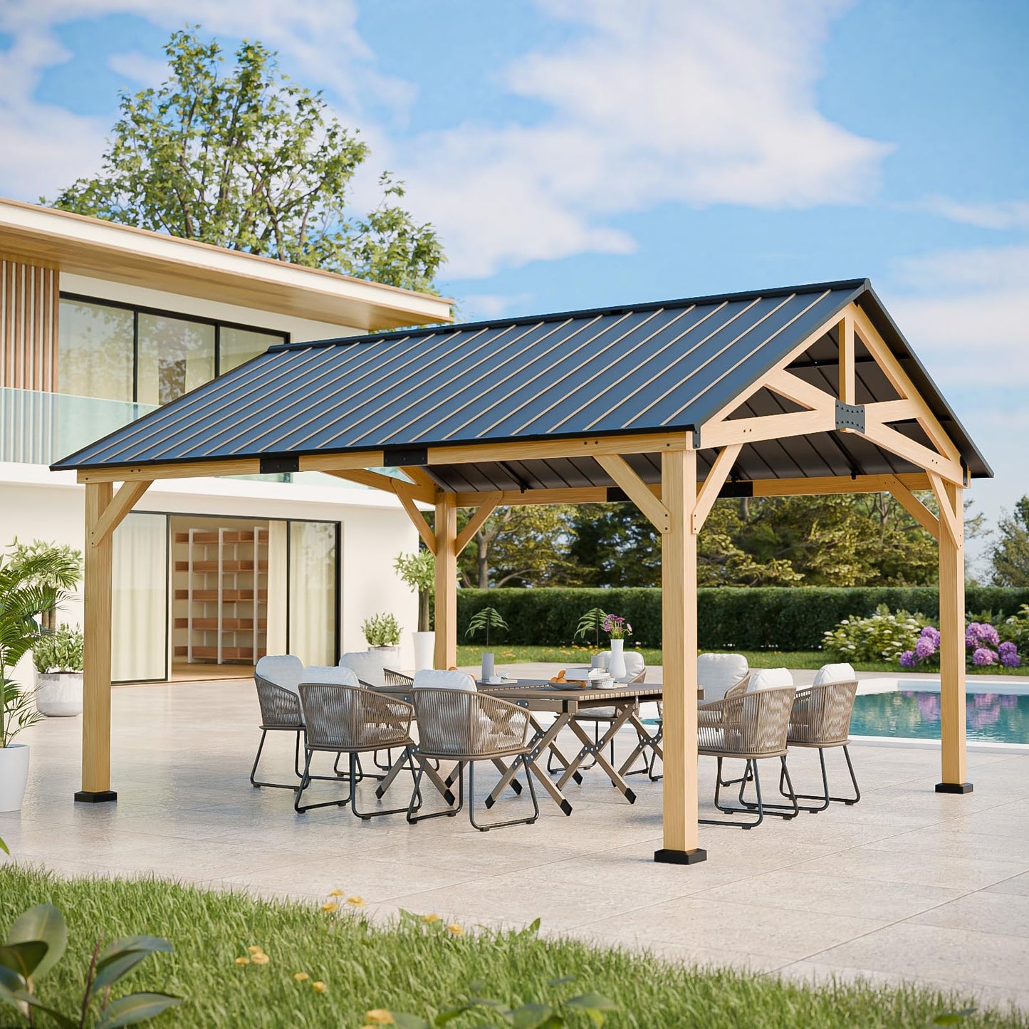EAGLE PEAK 13x15 Hardtop Gazebo, Exposed Beam Rustic Gazebo, Galvanized Steel Gable Roof with Cedar Wood Frame, Outdoor Pavilion for Patio, Deck, Lawn and Garden Natural Wood/Black