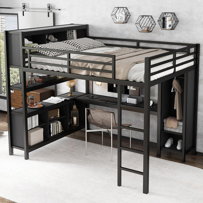 Bellemave Queen Size Loft Bed with Desk, Wardrobe & Storage Shelves, Modern Metal Loft Bed Frame for Adults, Teens, Kids, Space-Saving Queen Bed for Small Rooms, Dorms, Apartments (Queen, Black)