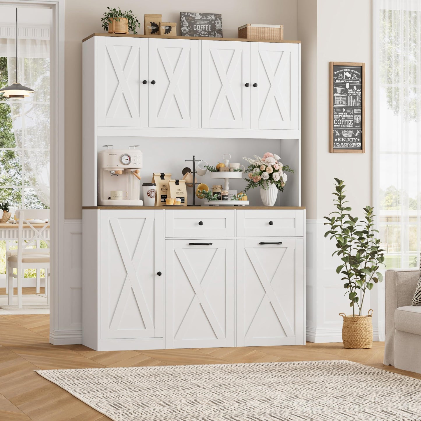 HOSTACK 71"H Kitchen Trash Can Cabinet, 12.5 Gallon Double Pull Out Garbage Can Hutch Cabinet with Trash Bin Storage Holders, 47" Wide Kitchen Pantry with Hidden Garbage Storage for Dining Room, White