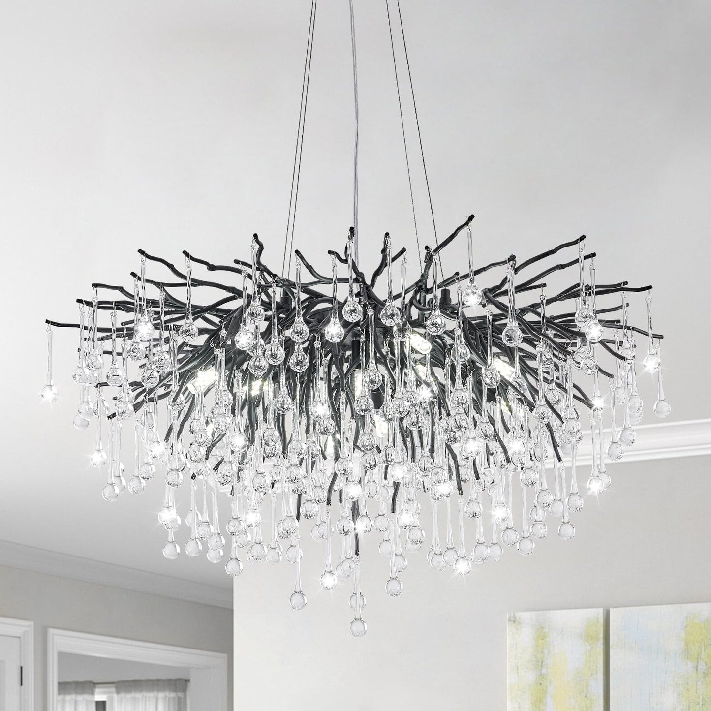 NIUZDU Chandeliers for Dining Room - 23.6" Modern Black Crystal Chandelier, Round Tree Branch Raindrop Chandelier, Foyer Chandeliers for Entryway, Living Room,Bedrooms,Bathroom(Bulb not Included)