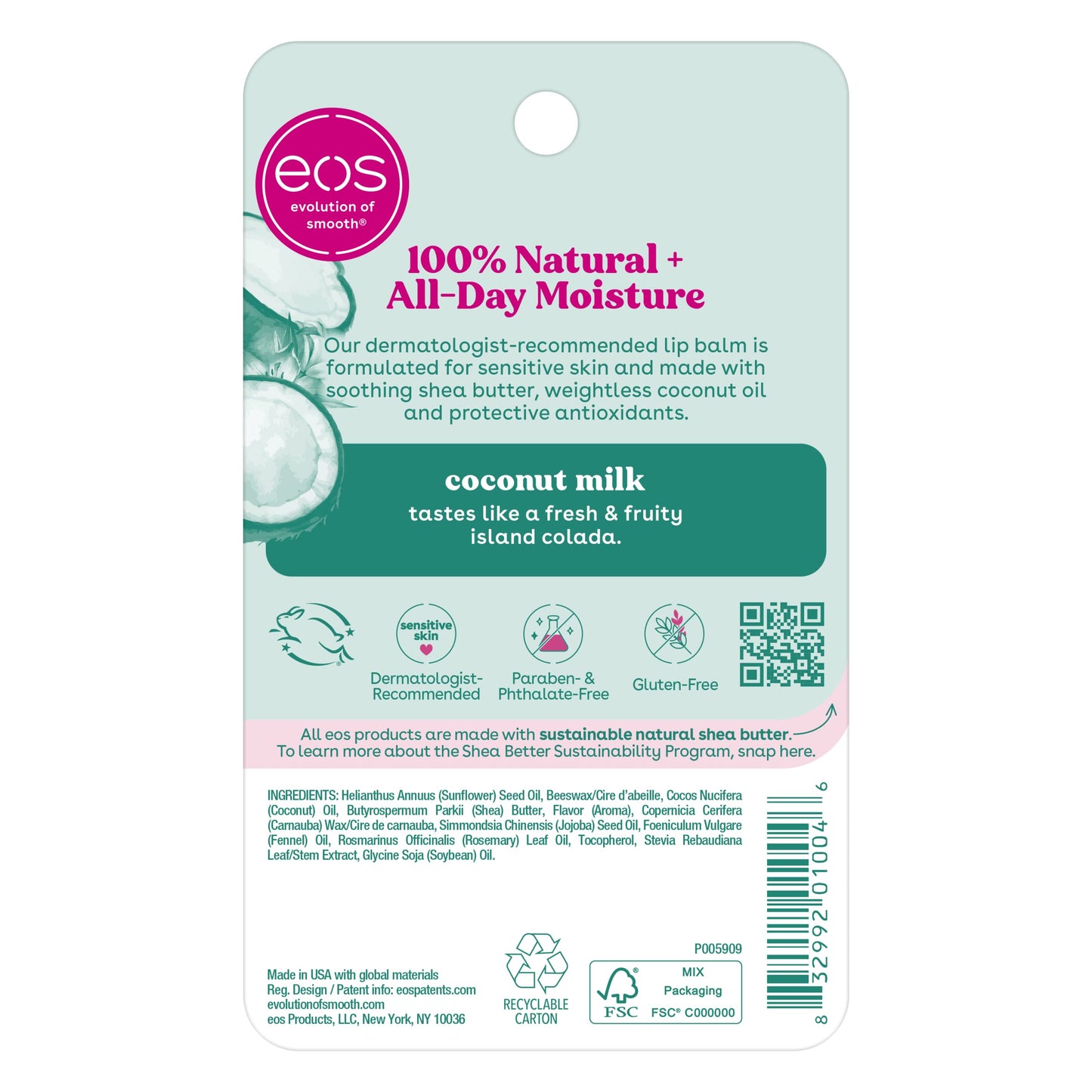 eos 100% Natural & Organic Lip Balm- Strawberry Sorbet, All-Day Moisture, Dermatologist Recommended for Sensitive Skin, Lip Care Products, 0.25 oz