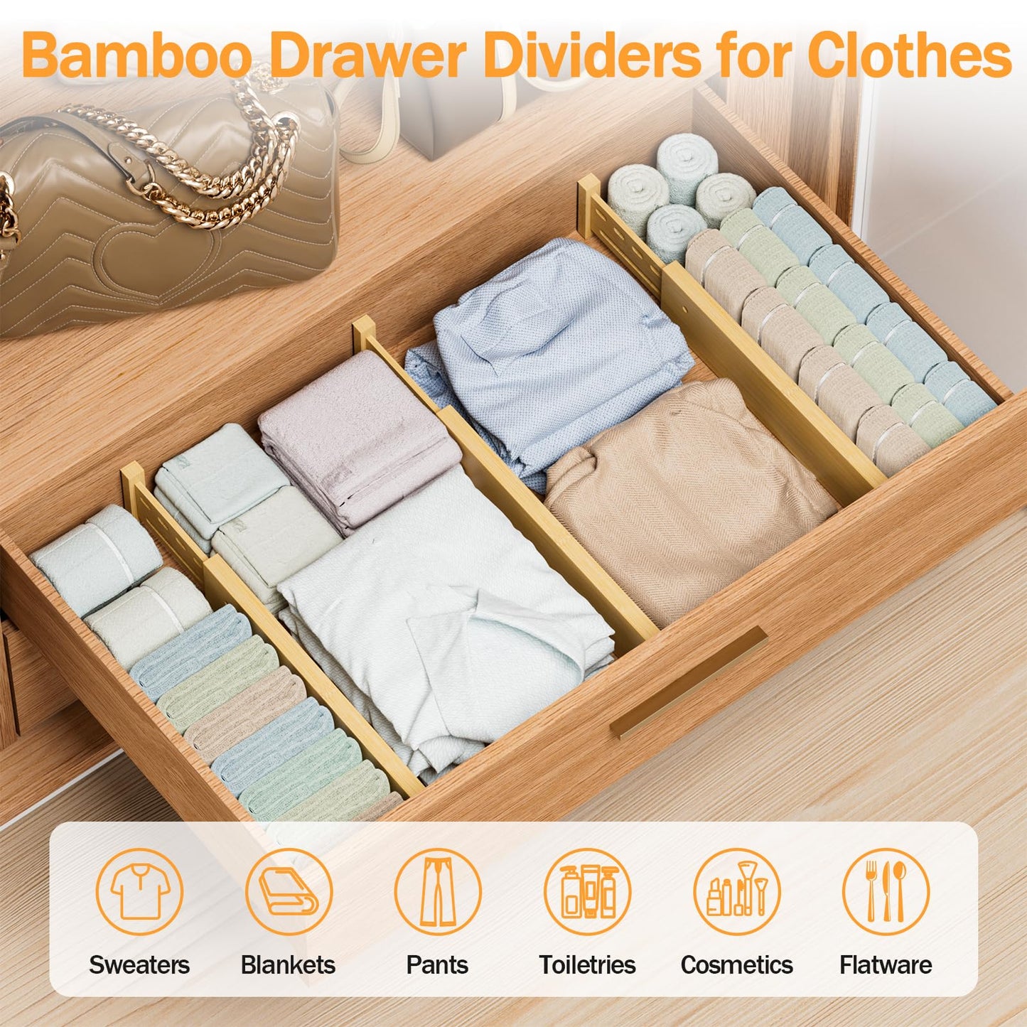 Ryqtop Bamboo Drawer Dividers 4" High, 12.8-18" Adjustable Drawer Organizers for Clothes,Expandable Dresser Separators in Bedroom/Kitchen/Bathroom/Office Organization and Storage,4 Pack