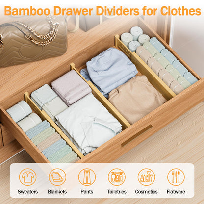 Ryqtop Bamboo Drawer Dividers 4" High, 12.8-18" Adjustable Drawer Organizers for Clothes,Expandable Dresser Separators in Bedroom/Kitchen/Bathroom/Office Organization and Storage,4 Pack