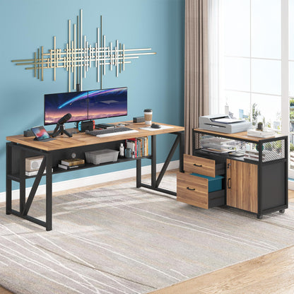Tribesigns 63" Executive with Drawer Cabinet, L Shaped Desk and Lock lateral File Cabinet, 2 Piece Home Office Furniture Set with Drawers for Hanging File, (Brown, 63 inches)
