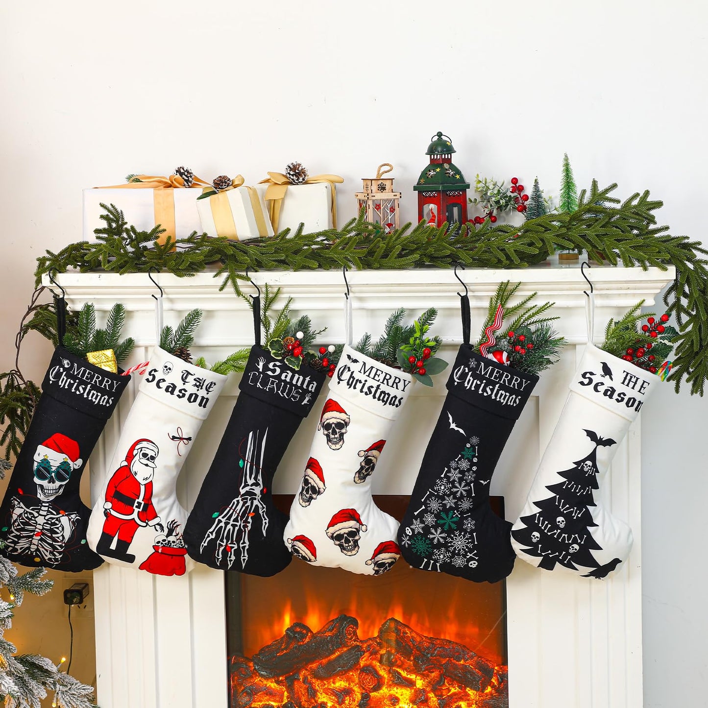 Kinlop 6 Pcs Black and White Gothic Christmas Stocking 17 Inches Goth Xmas Stockings Skeleton Hand Santa Claus Hanging Ornament for Christmas Tree Candy Gift Storage Bags Holiday Fireplace Party Decor