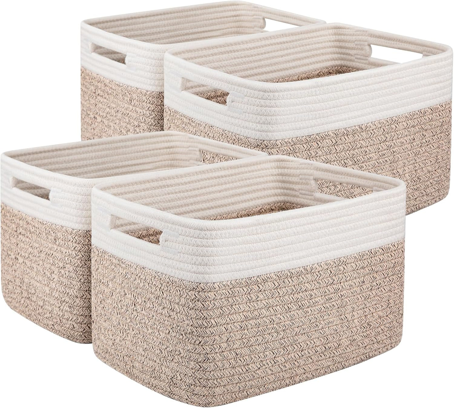 OIAHOMY Storage Baskets - Woven Cotton Rope Organizers with Handles | 13" L x 9" W x 7.8" H, Brown & White